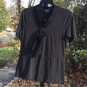 Talbots Bow Tie Neck White Polka dat on Black Top